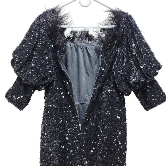 Vintage Black Sequined Dress With Puff Sleeves & Feather Trim Size XL - Picture 9 of 10